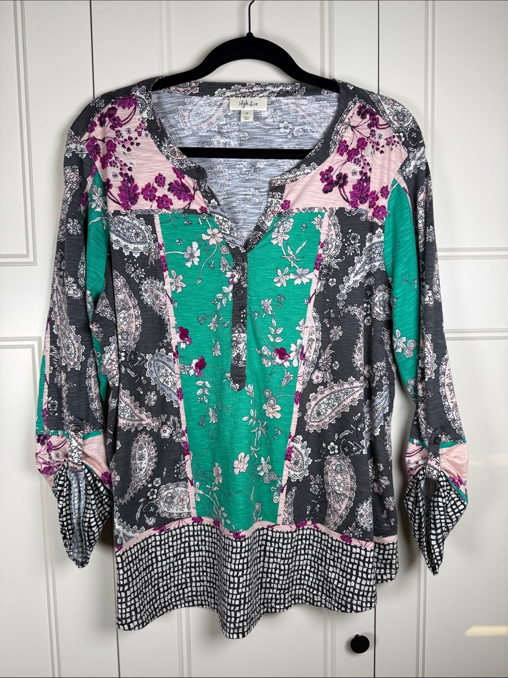 Style & Co. Green, Gray & Pink Patchwork Henley Tunic Size 1X